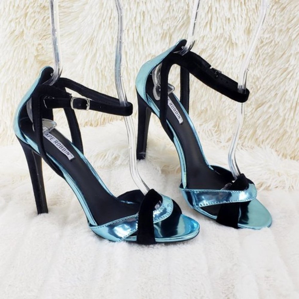 Cape Robbin Aqua & Black Velvet 4.5" High Heel Sandal Shoes